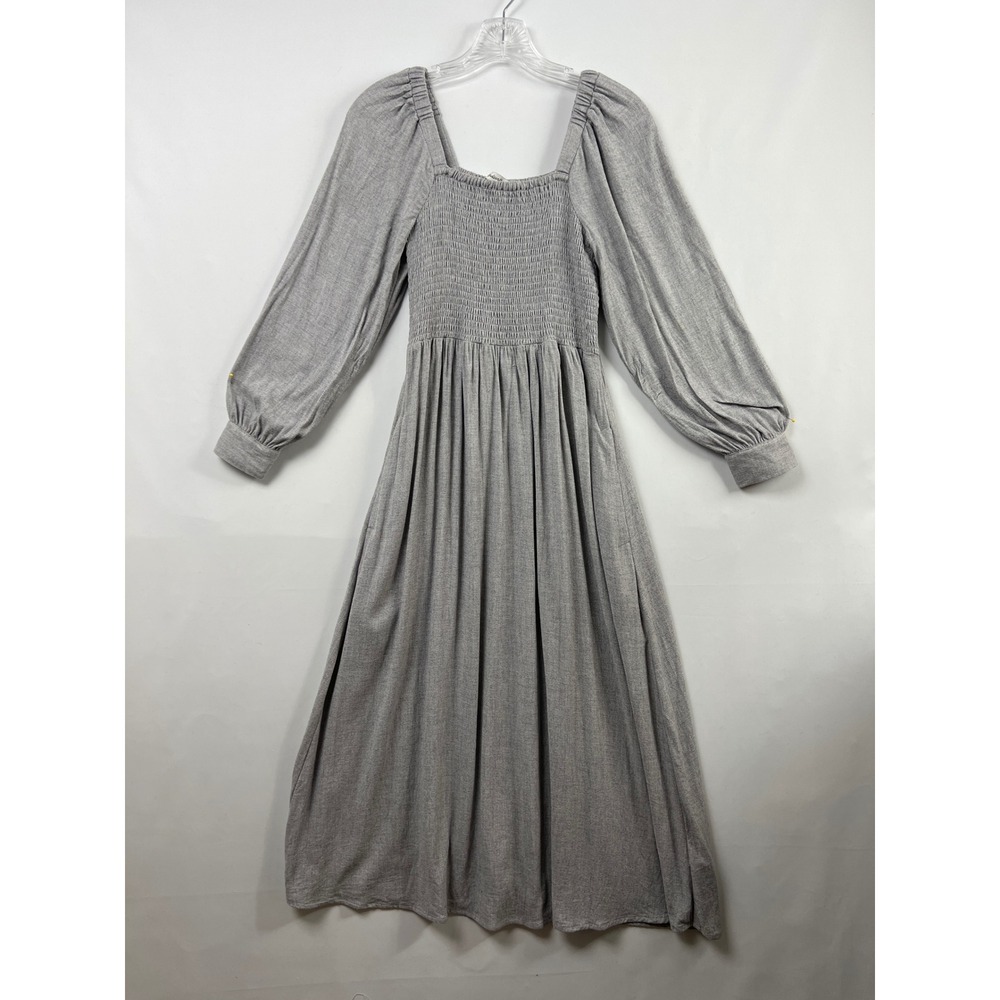 Madewell Smocked Midi Dress Women XS Grey Wool Blend Puff Sleeve Square Neck